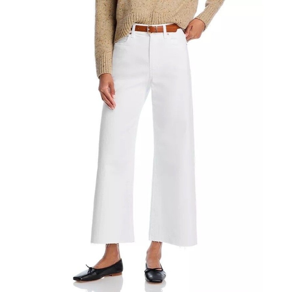 Paige Women's White Anessa Wide Leg Raw Hem Crop Jeans Size 32 FLAW